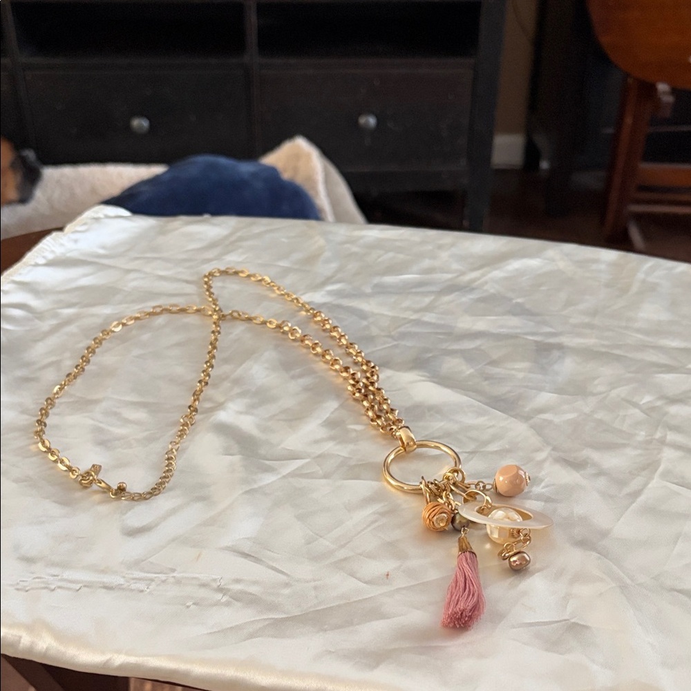 Chico's Gold Necklace with Pink and Cream Charms